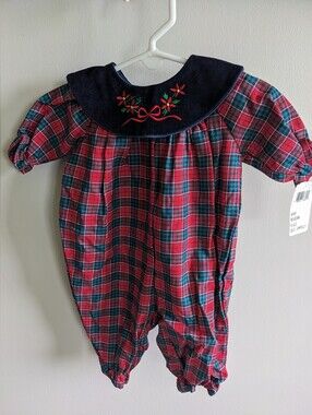 Alexis Vintage NWT Newborn Red Multicolor Plaid One Piece Embroidered Velour